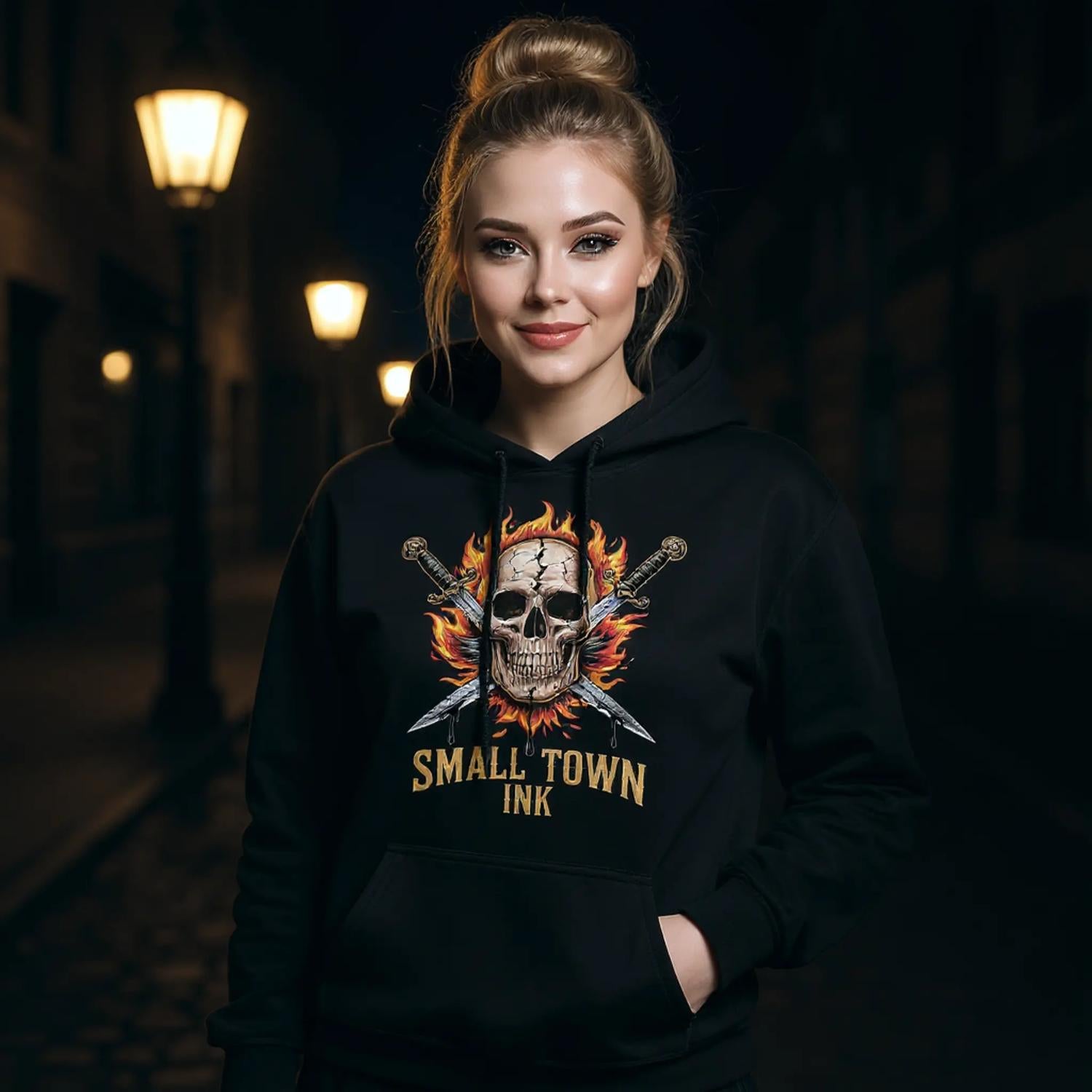 Skull with Flames - Heavy Blend Comfort Wear Hoodie - Small Town Ink AZ - bold, fearless design