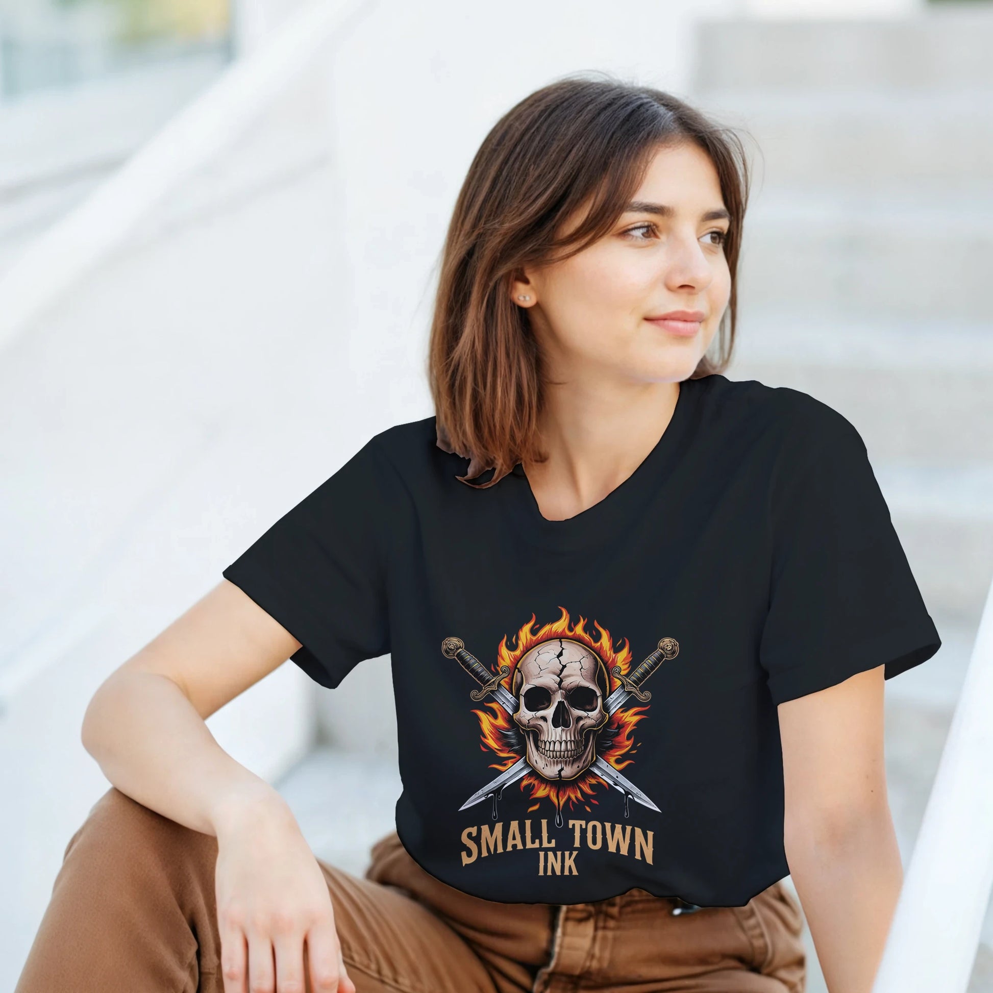 Skull with Flames - Unisex Crewneck T-shirt | Gildan® 5000 - Small Town Ink AZ - bold, fearless design