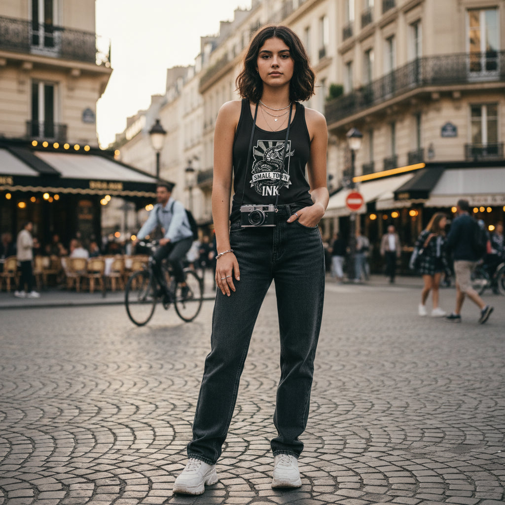 Black tank top with 'Small Town Ink' snake design on a white background