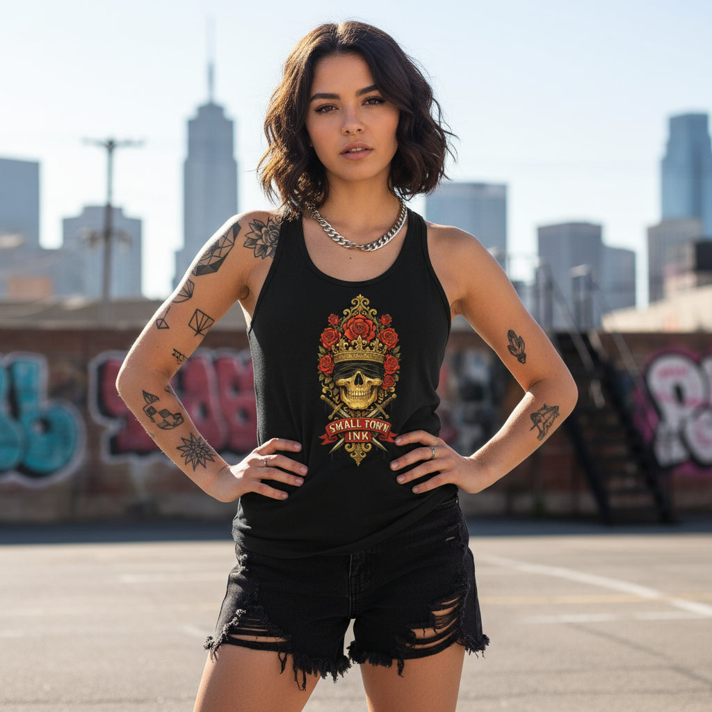 Black tank top with a skull and roses design and 'Small Town Ink' text on a white background